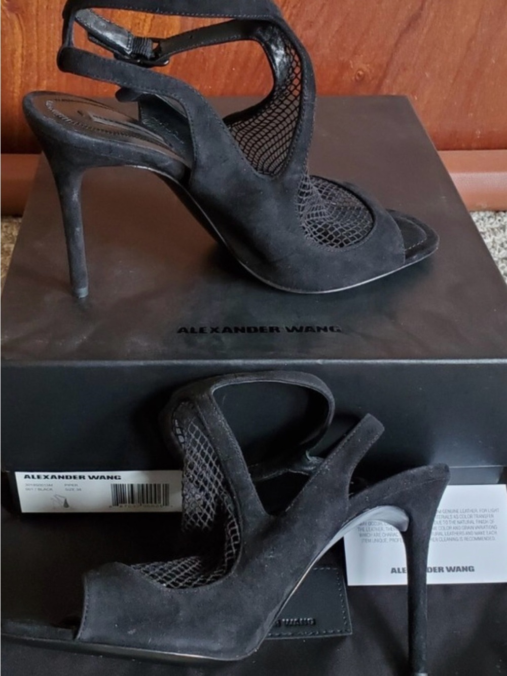 Alexander Wang Black Suede Mesh Peep-Toe Stilettos with Ankle Strap